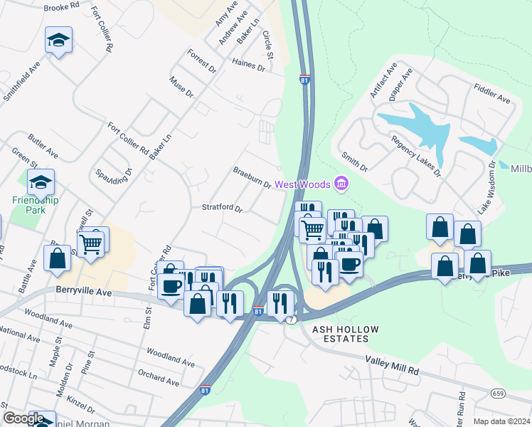 map of restaurants, bars, coffee shops, grocery stores, and more near 203 Chatham Square in Winchester