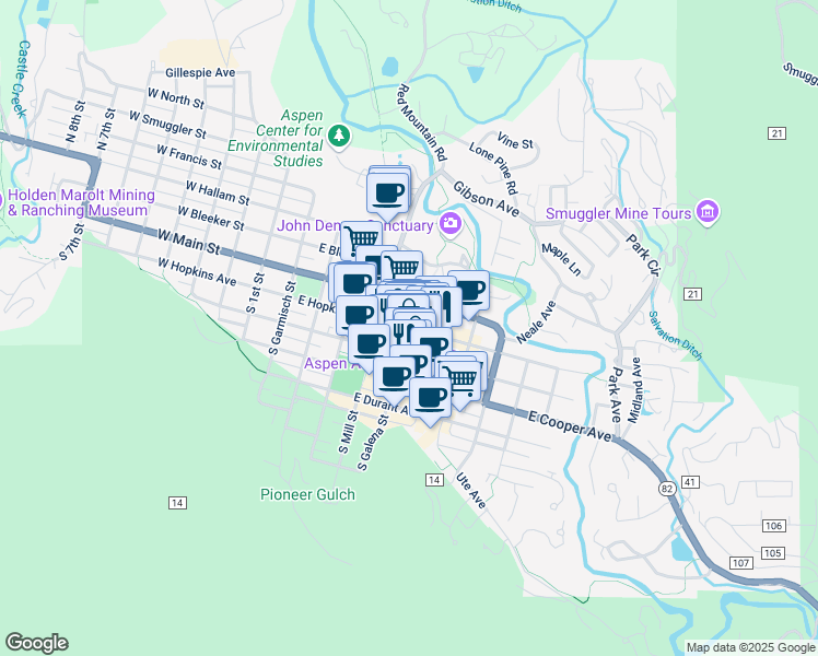 map of restaurants, bars, coffee shops, grocery stores, and more near East Hopkins Avenue & South Galena Street in Aspen
