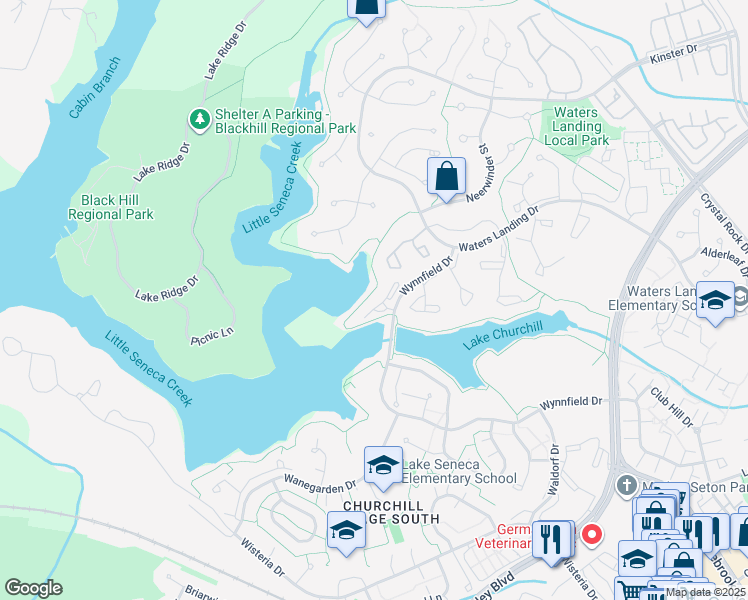 map of restaurants, bars, coffee shops, grocery stores, and more near 20406 Shore Harbour Drive in Germantown
