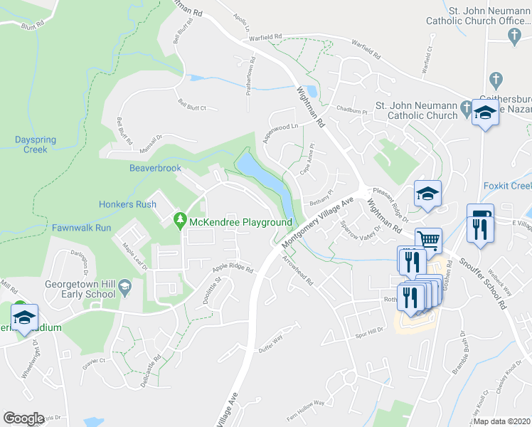 map of restaurants, bars, coffee shops, grocery stores, and more near 9614 Shadow Oak Drive in Montgomery Village