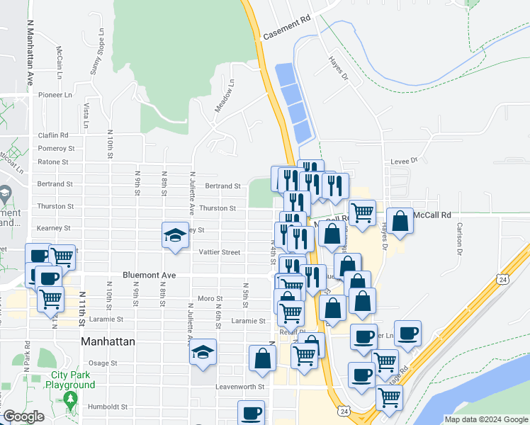 map of restaurants, bars, coffee shops, grocery stores, and more near 405 Thurston Street in Manhattan