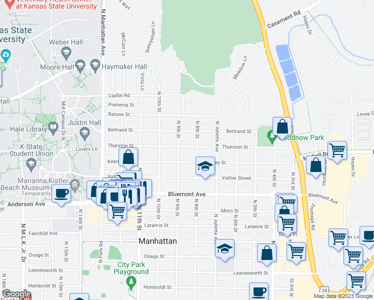 map of restaurants, bars, coffee shops, grocery stores, and more near 819 Thurston Street in Manhattan