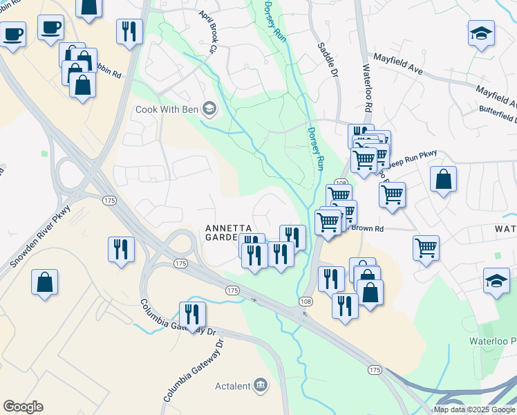 map of restaurants, bars, coffee shops, grocery stores, and more near 8313 Painted Rock Road in Columbia