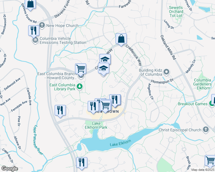 map of restaurants, bars, coffee shops, grocery stores, and more near 7057 Cradlerock Farm Court in Columbia