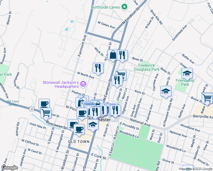 map of restaurants, bars, coffee shops, grocery stores, and more near 437 North Cameron Street in Winchester