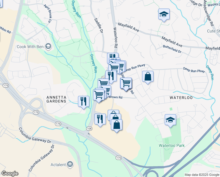 map of restaurants, bars, coffee shops, grocery stores, and more near 8170 Lark Brown Road in Elkridge