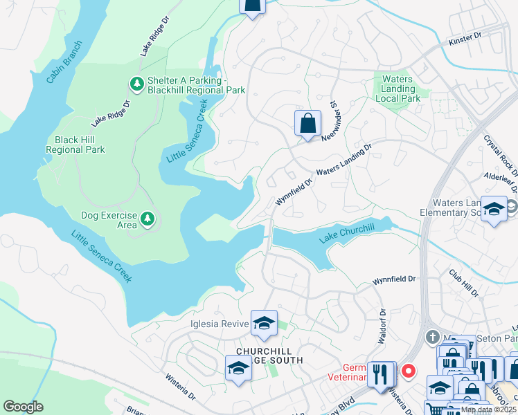 map of restaurants, bars, coffee shops, grocery stores, and more near 20408 Shore Harbour Drive in Germantown