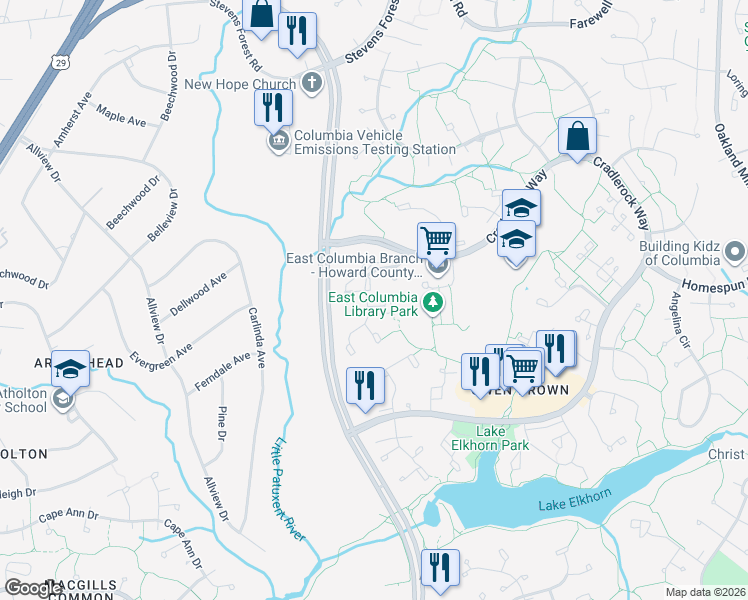 map of restaurants, bars, coffee shops, grocery stores, and more near 6566 Waning Moon Way in Columbia