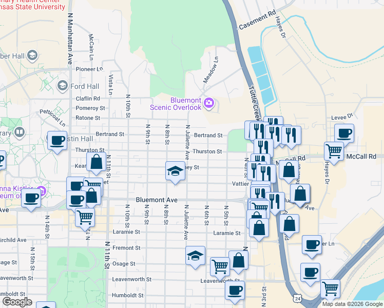 map of restaurants, bars, coffee shops, grocery stores, and more near 610 Kearney Street in Manhattan