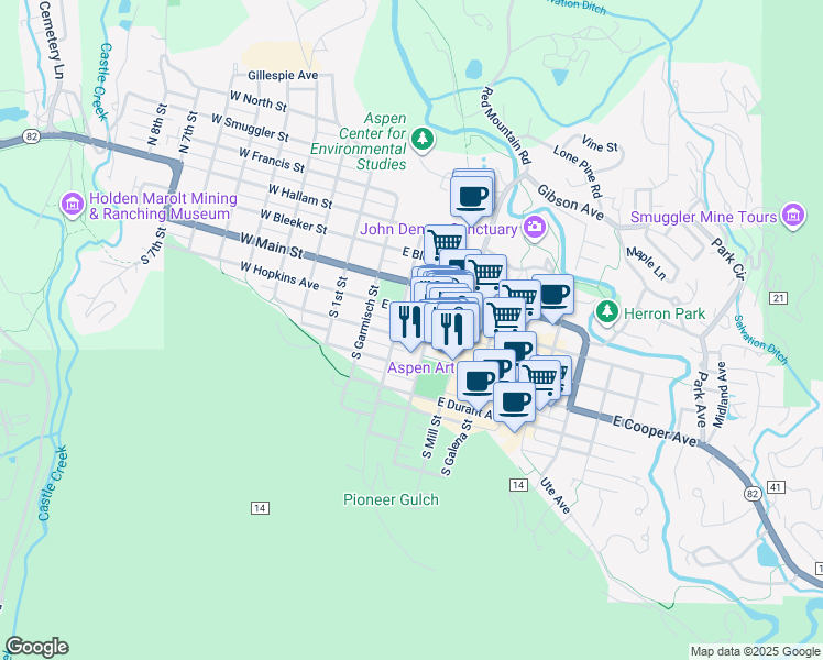 map of restaurants, bars, coffee shops, grocery stores, and more near 355 South Monarch Street in Aspen
