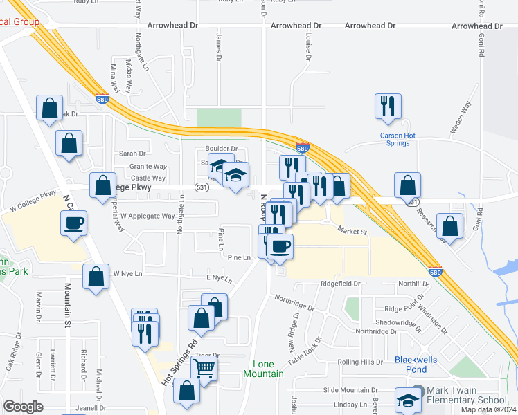 map of restaurants, bars, coffee shops, grocery stores, and more near 3380 North Roop Street in Carson City