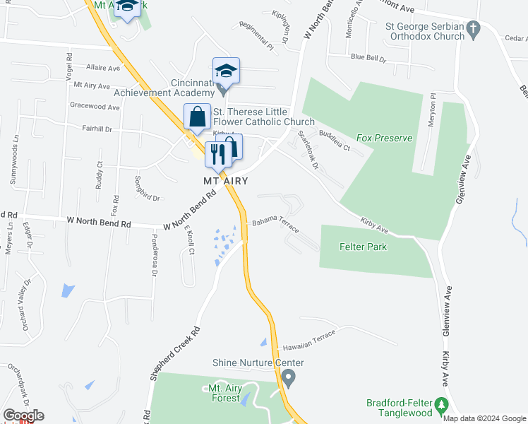 map of restaurants, bars, coffee shops, grocery stores, and more near 5473 Bahama Terrace in Cincinnati