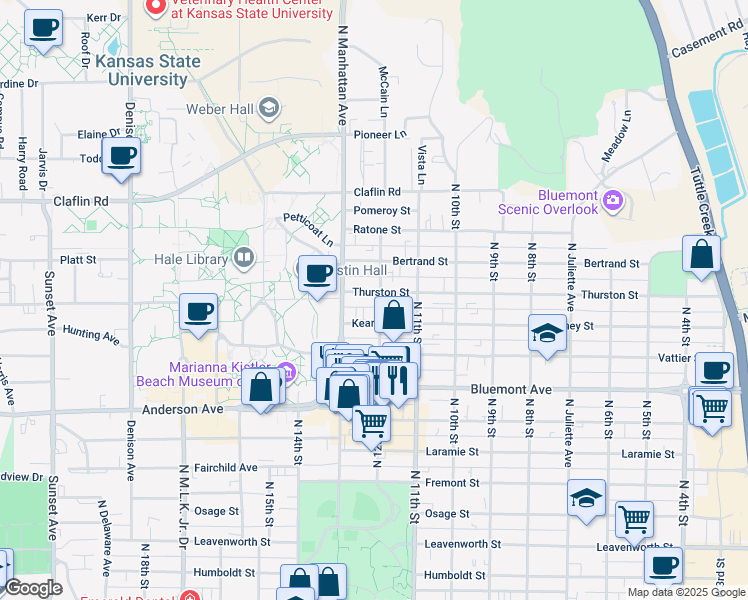 map of restaurants, bars, coffee shops, grocery stores, and more near 1130 Kearney Street in Manhattan