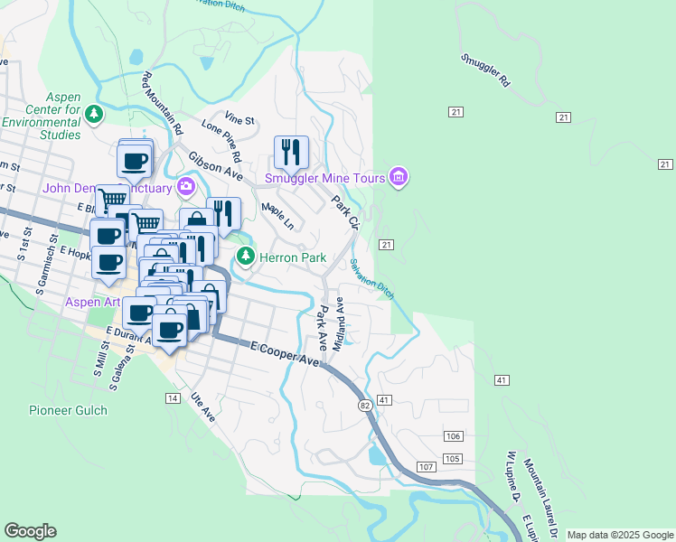 map of restaurants, bars, coffee shops, grocery stores, and more near 414 Park Circle in Aspen