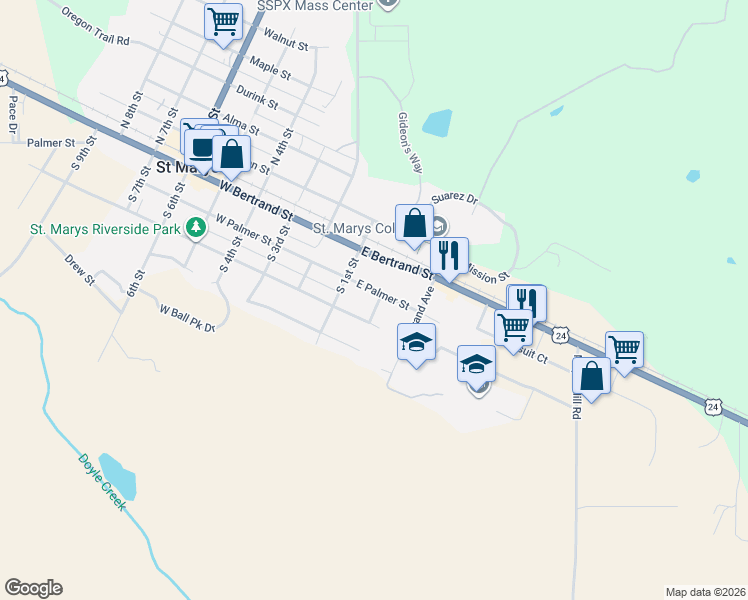 map of restaurants, bars, coffee shops, grocery stores, and more near 204 East Lasley Street in Saint Marys