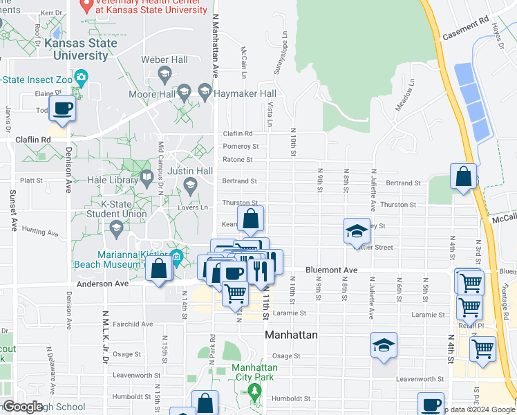 map of restaurants, bars, coffee shops, grocery stores, and more near 1109 Thurston Street in Manhattan