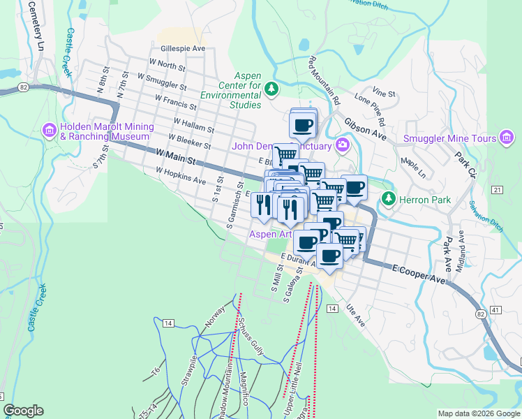 map of restaurants, bars, coffee shops, grocery stores, and more near 355 South Monarch Street in Aspen