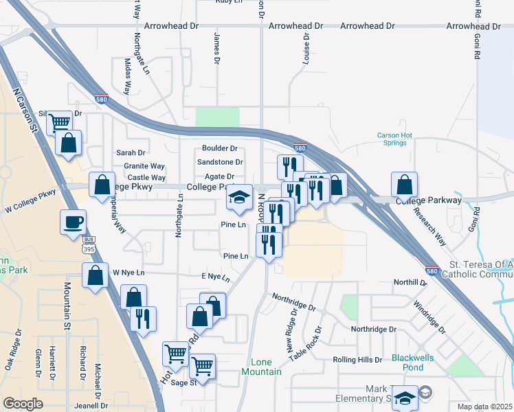 map of restaurants, bars, coffee shops, grocery stores, and more near 3434 North Roop Street in Carson City