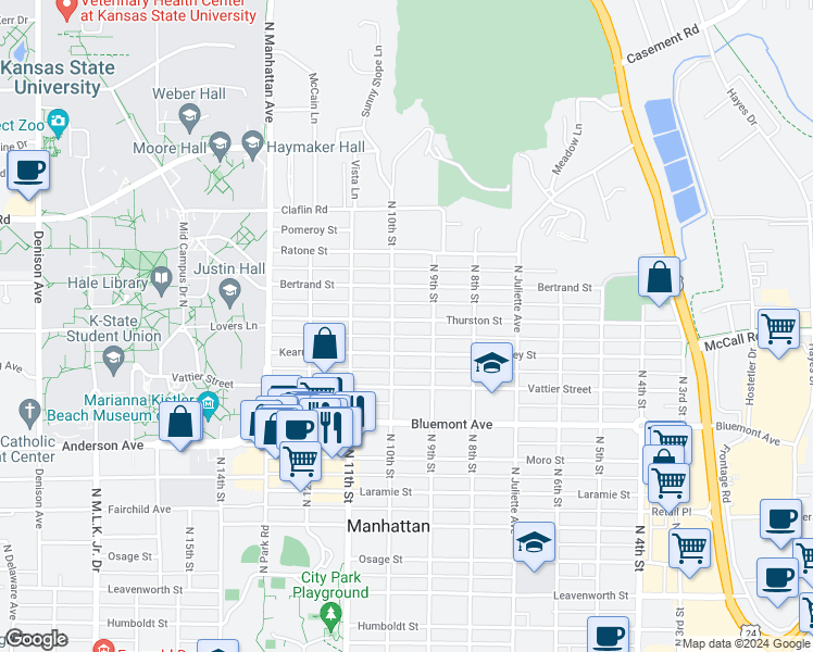 map of restaurants, bars, coffee shops, grocery stores, and more near 923 Thurston Street in Manhattan