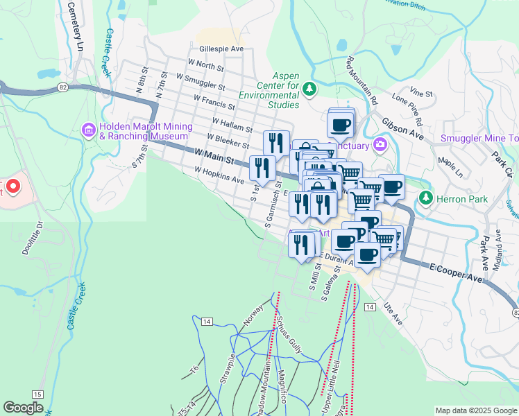 map of restaurants, bars, coffee shops, grocery stores, and more near 120 West Cooper Avenue in Aspen