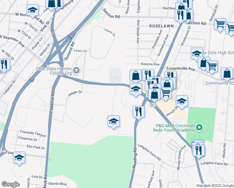 map of restaurants, bars, coffee shops, grocery stores, and more near 7076 Glenmeadow Lane in Cincinnati