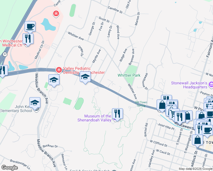 map of restaurants, bars, coffee shops, grocery stores, and more near 121 Medical Circle in Winchester