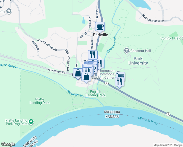 map of restaurants, bars, coffee shops, grocery stores, and more near 1 West 2nd Street in Kansas City
