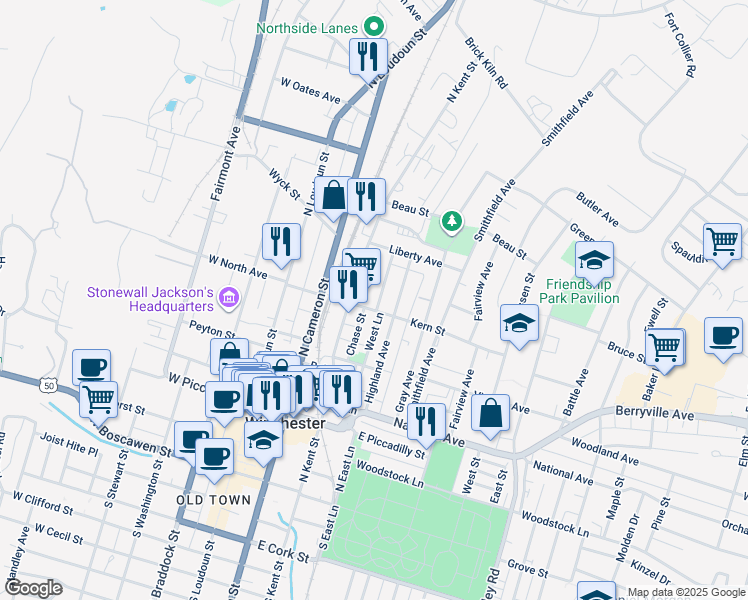 map of restaurants, bars, coffee shops, grocery stores, and more near 513 Fremont Street in Winchester