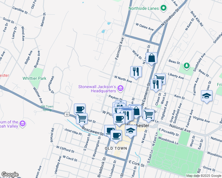 map of restaurants, bars, coffee shops, grocery stores, and more near 418 Fairmont Avenue in Winchester