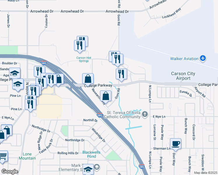 map of restaurants, bars, coffee shops, grocery stores, and more near 1717 East College Parkway in Carson City