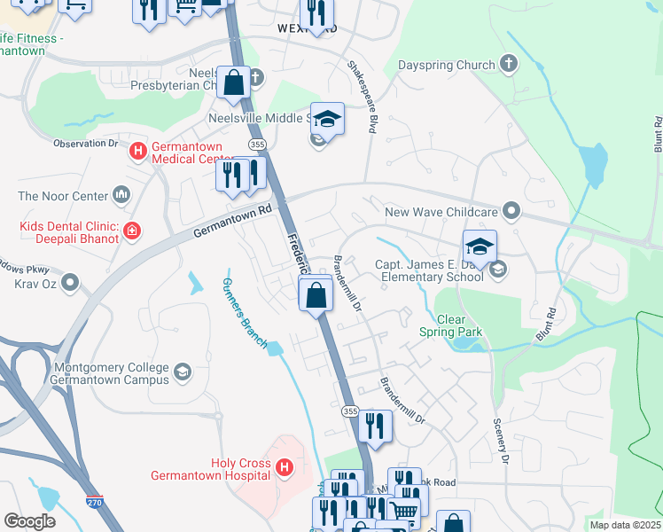map of restaurants, bars, coffee shops, grocery stores, and more near 11505 Aberstraw Way in Germantown