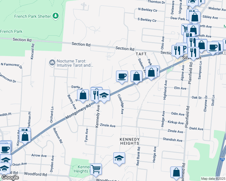 map of restaurants, bars, coffee shops, grocery stores, and more near 6659 Montgomery Road in Cincinnati