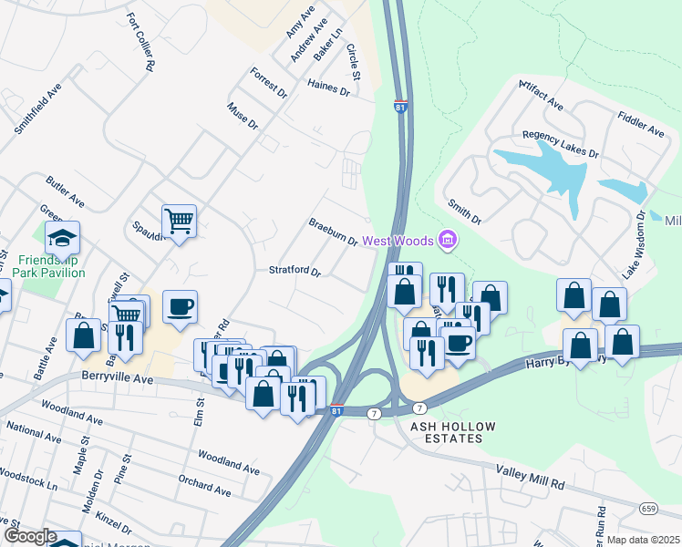 map of restaurants, bars, coffee shops, grocery stores, and more near 109 Chatham Square in Winchester