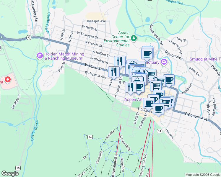 map of restaurants, bars, coffee shops, grocery stores, and more near 127 West Hopkins Avenue in Aspen