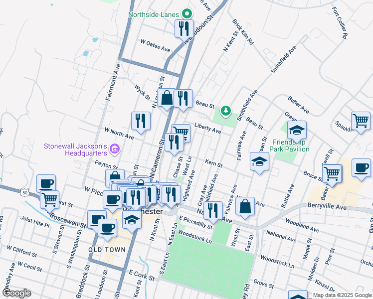 map of restaurants, bars, coffee shops, grocery stores, and more near 513 Fremont Street in Winchester