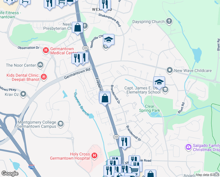 map of restaurants, bars, coffee shops, grocery stores, and more near 11505 Aberstraw Way in Germantown