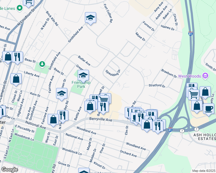 map of restaurants, bars, coffee shops, grocery stores, and more near 724 Green Street in Winchester