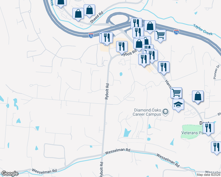 map of restaurants, bars, coffee shops, grocery stores, and more near 6652 Russell Heights Drive in Cincinnati