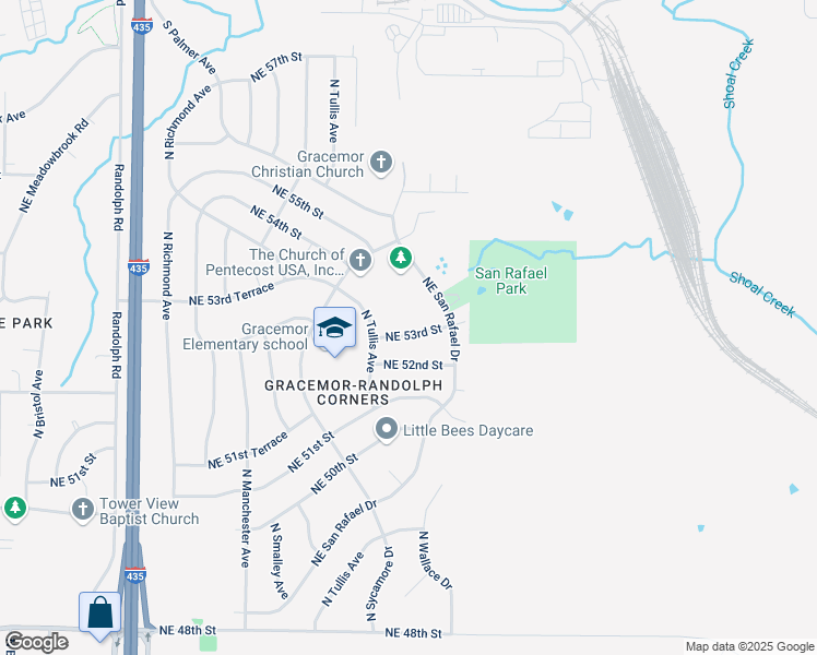 map of restaurants, bars, coffee shops, grocery stores, and more near 5451 North Sycamore Drive in Kansas City