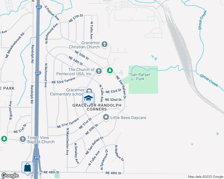 map of restaurants, bars, coffee shops, grocery stores, and more near 5451 North Sycamore Drive in Kansas City