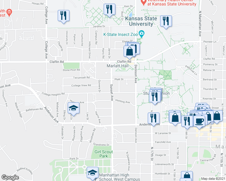 map of restaurants, bars, coffee shops, grocery stores, and more near 1022 Sunset Avenue in Manhattan