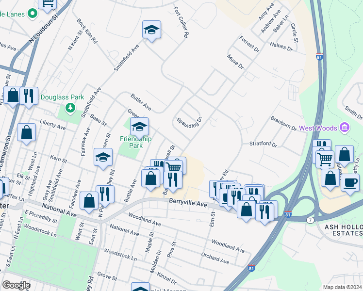 map of restaurants, bars, coffee shops, grocery stores, and more near 724 Green Street in Winchester