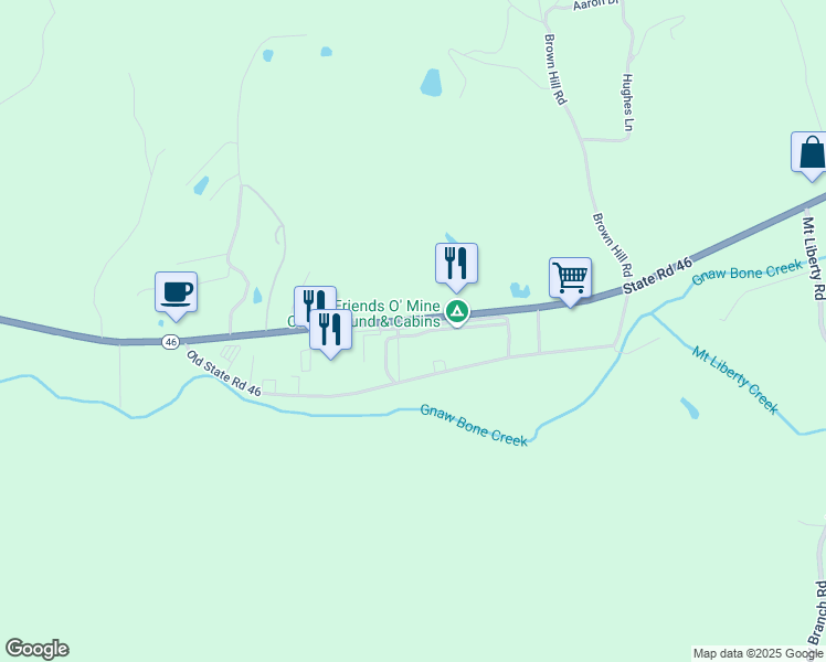 map of restaurants, bars, coffee shops, grocery stores, and more near 4557 Indiana 46 in Nashville