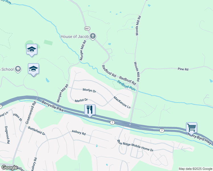 map of restaurants, bars, coffee shops, grocery stores, and more near 212 MacKenzie Ln in Stephenson