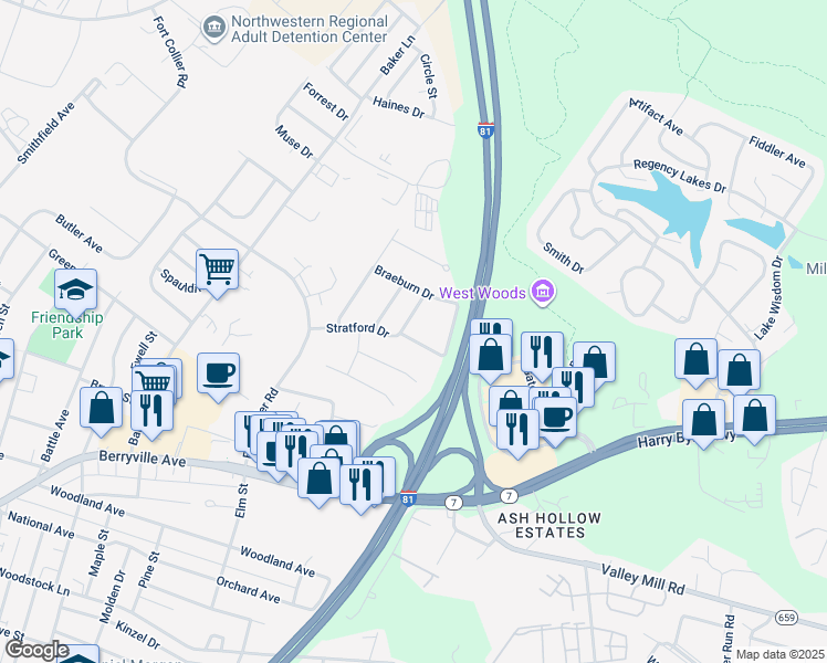 map of restaurants, bars, coffee shops, grocery stores, and more near 109 Chatham Square in Winchester