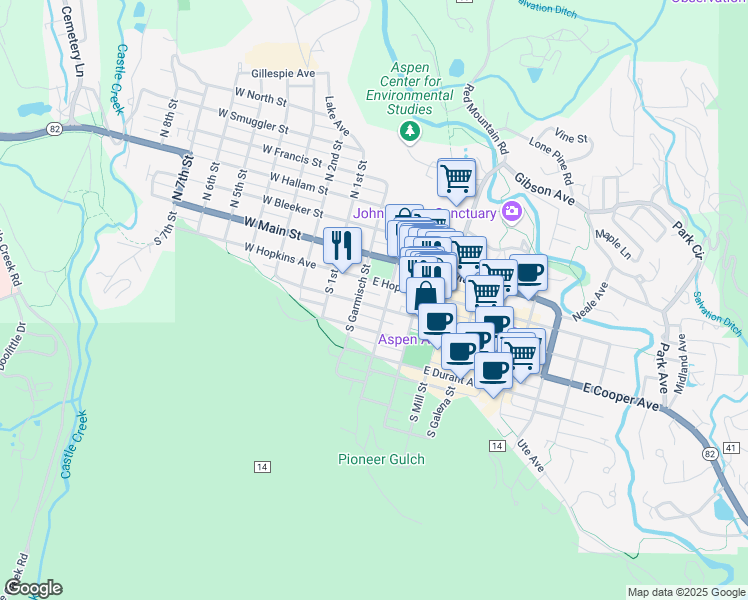 map of restaurants, bars, coffee shops, grocery stores, and more near 120 East Hyman Avenue in Aspen