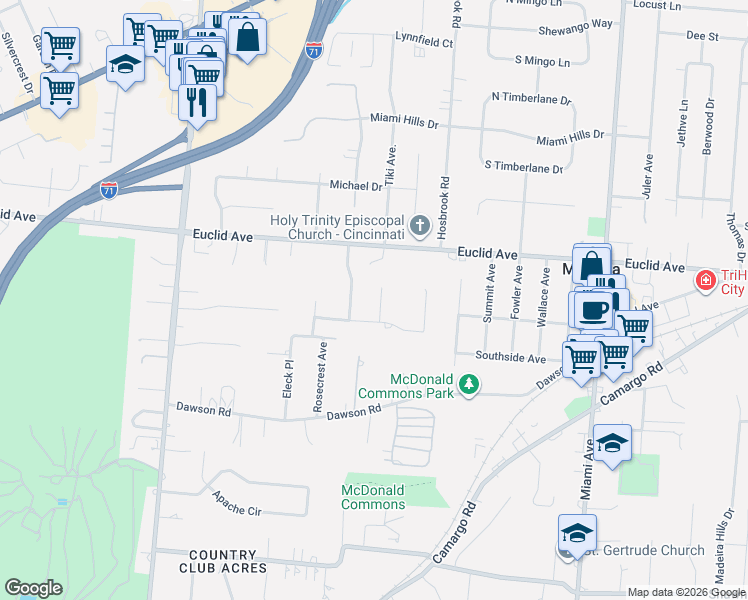 map of restaurants, bars, coffee shops, grocery stores, and more near 6912 Pineneedle Lane in Cincinnati