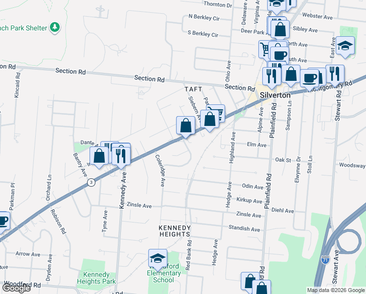 map of restaurants, bars, coffee shops, grocery stores, and more near 6832 Montgomery Road in Silverton