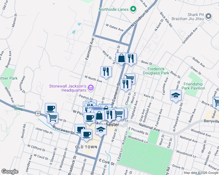 map of restaurants, bars, coffee shops, grocery stores, and more near 501 North Loudoun Street in Winchester