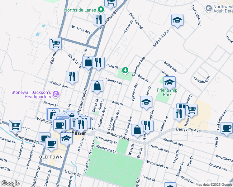 map of restaurants, bars, coffee shops, grocery stores, and more near 47 Race Street in Winchester